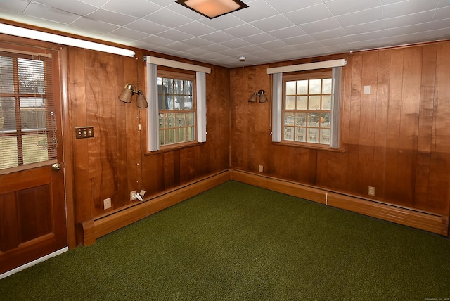 spare room featuring carpet floors, wooden walls, and a baseboard radiator