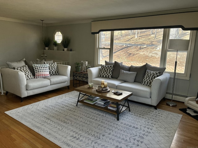 living room with a baseboard heating unit, wood finished floors, and ornamental molding