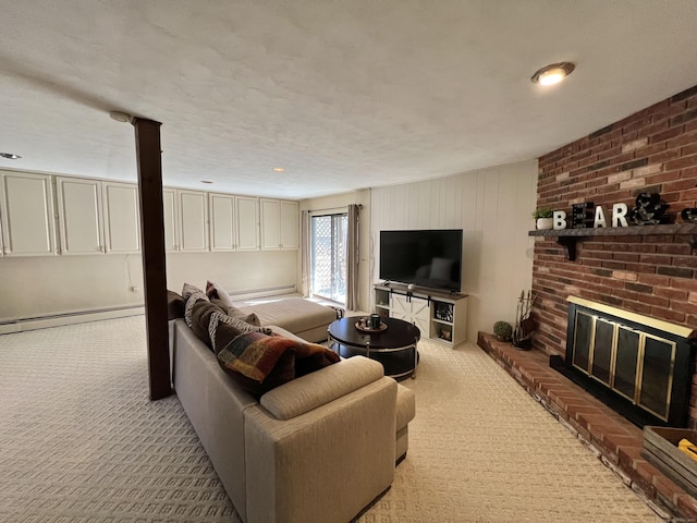 living room with a brick fireplace, carpet, and baseboard heating