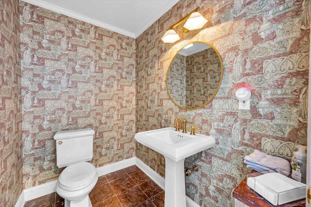 bathroom featuring sink, toilet, and ornamental molding