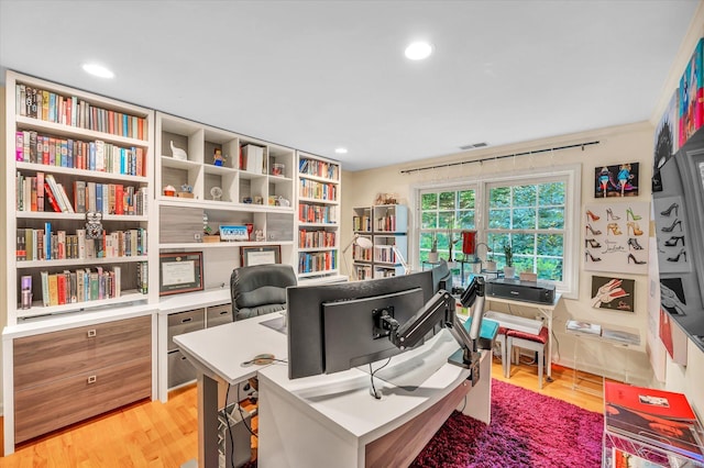 office space featuring ornamental molding and light hardwood / wood-style flooring