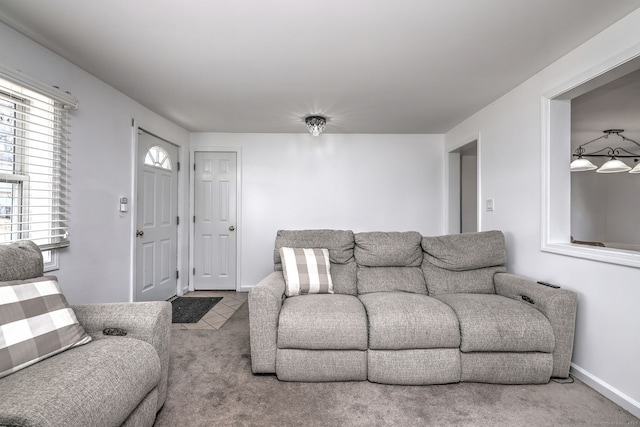 living room featuring light carpet