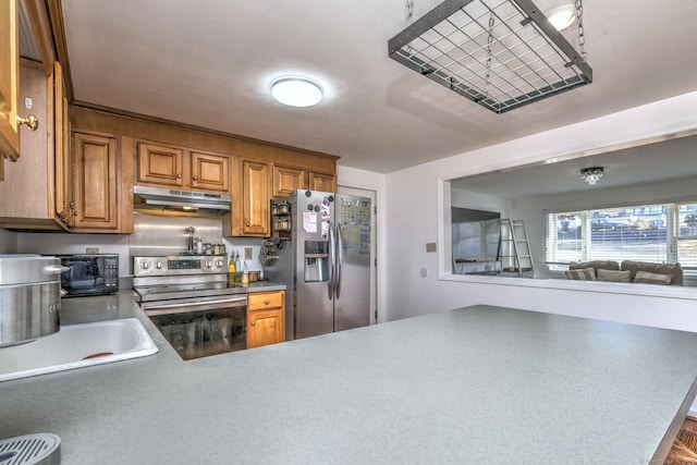 kitchen with kitchen peninsula, sink, and stainless steel appliances