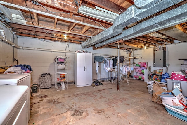 basement featuring washer and dryer and electric panel