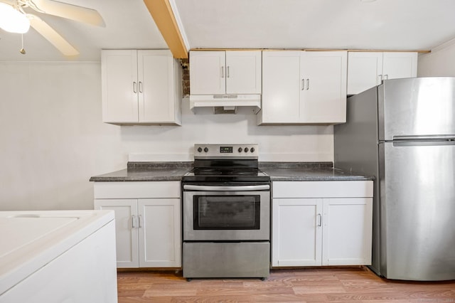 kitchen featuring stainless steel appliances, white cabinetry, and light hardwood / wood-style floors