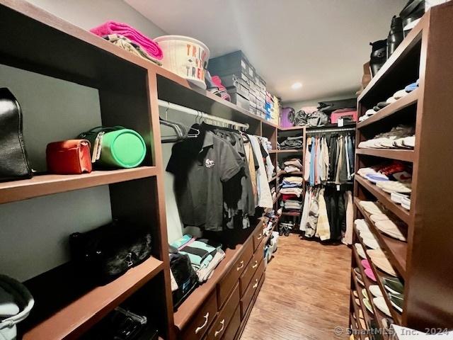 walk in closet with light wood finished floors