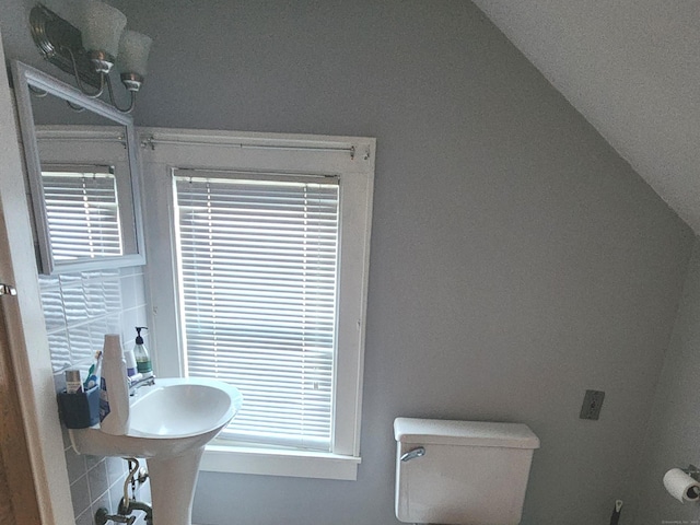 bathroom with toilet and vaulted ceiling