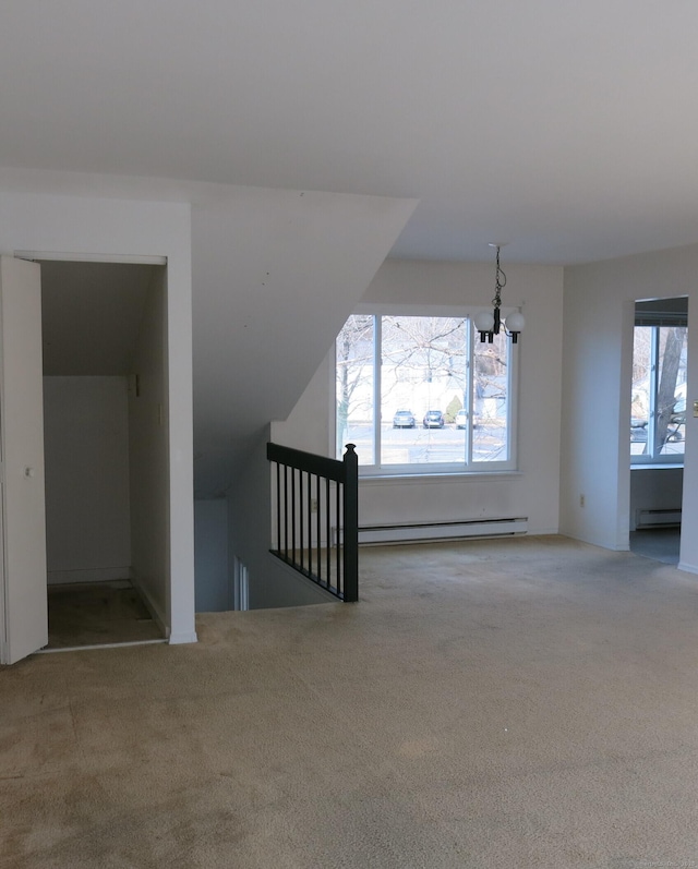 unfurnished living room featuring a baseboard radiator, light carpet, and vaulted ceiling