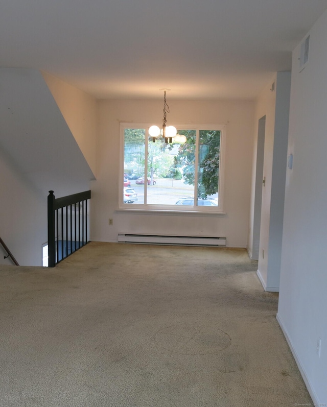 empty room featuring light carpet, a chandelier, and a baseboard radiator