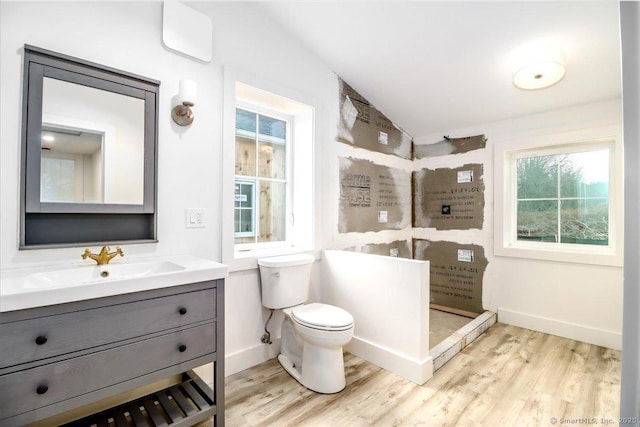 bathroom with hardwood / wood-style floors, vanity, lofted ceiling, and toilet