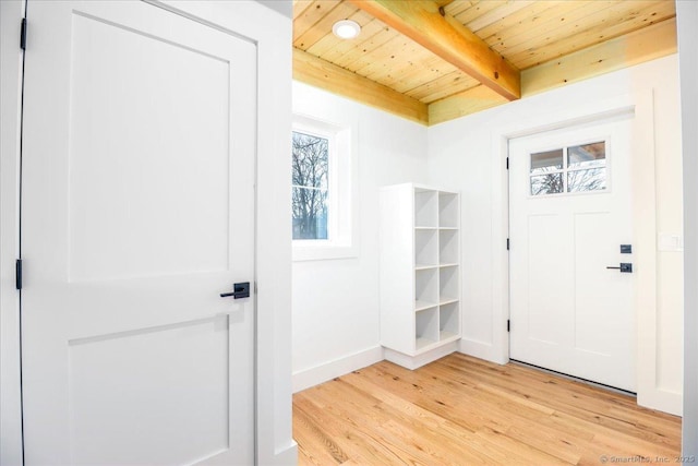 entrance foyer with beam ceiling, light hardwood / wood-style floors, and wooden ceiling