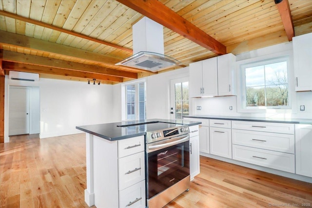 kitchen featuring electric stove, beamed ceiling, white cabinetry, island exhaust hood, and wood ceiling