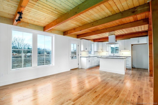 kitchen featuring white cabinetry, wooden ceiling, beamed ceiling, island exhaust hood, and a kitchen island