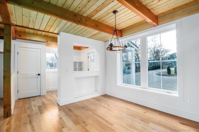 unfurnished dining area with beamed ceiling, light wood-type flooring, wood ceiling, and an inviting chandelier