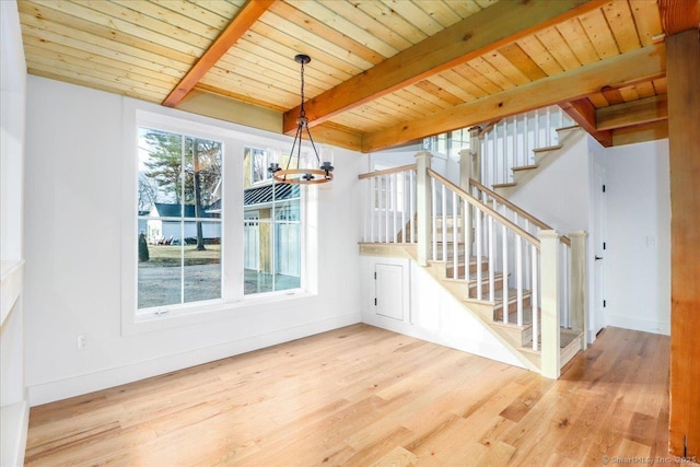 unfurnished dining area with beamed ceiling, wood ceiling, and wood-type flooring