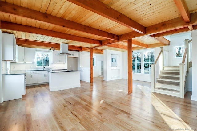 kitchen featuring wood ceiling, ventilation hood, sink, white cabinets, and a kitchen island