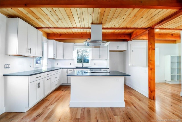 kitchen with island range hood, a center island, white cabinets, and wooden ceiling