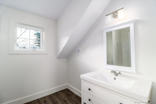 bathroom with vanity and wood-type flooring