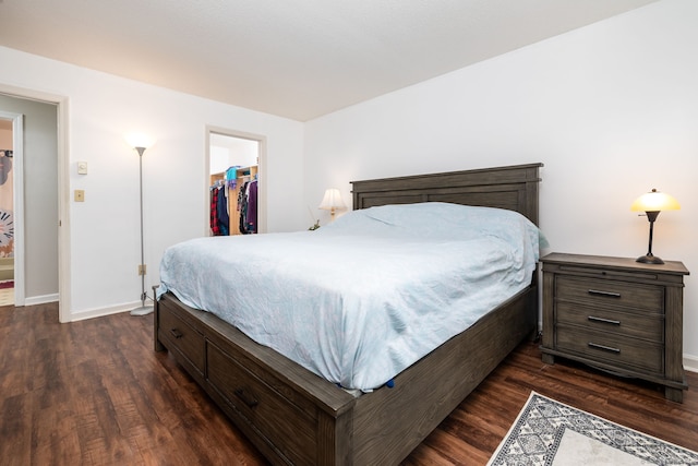 bedroom featuring a walk in closet, a closet, and dark hardwood / wood-style floors