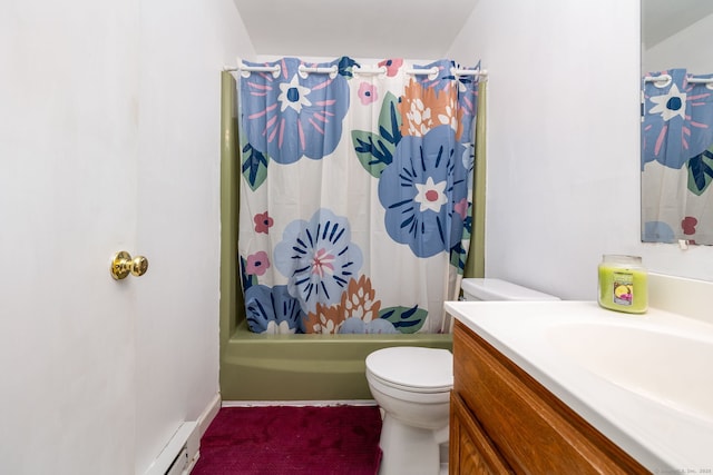 bathroom featuring walk in shower, vanity, baseboard heating, and toilet