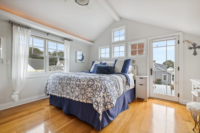 bedroom with lofted ceiling with beams, access to outside, and light wood-type flooring