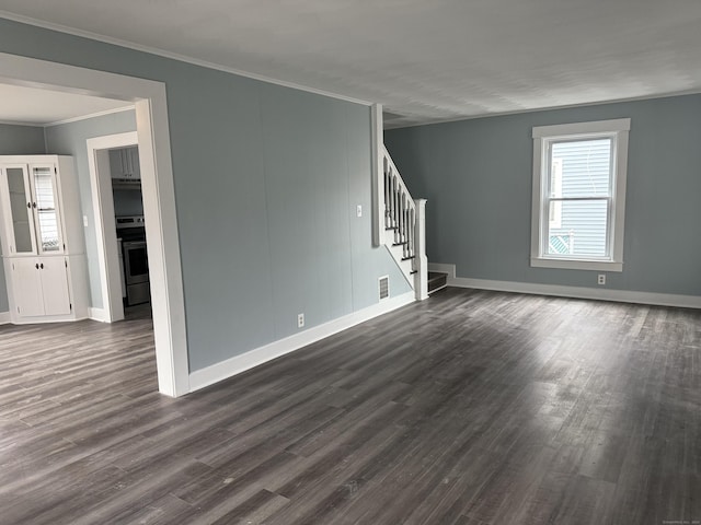 unfurnished living room with dark hardwood / wood-style flooring and crown molding