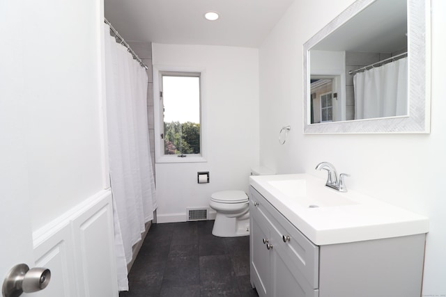 full bath featuring recessed lighting, visible vents, toilet, and vanity