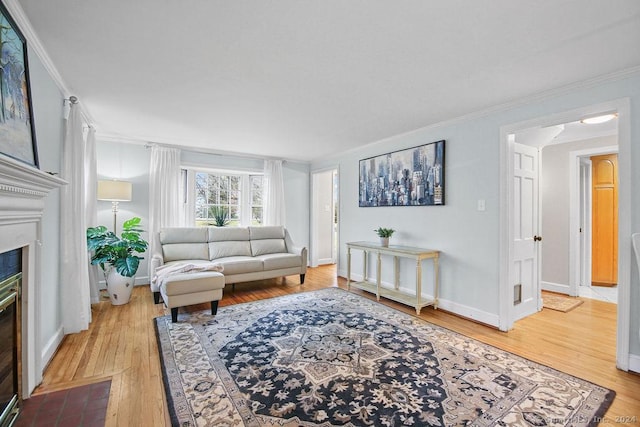 living room featuring light hardwood / wood-style floors and crown molding