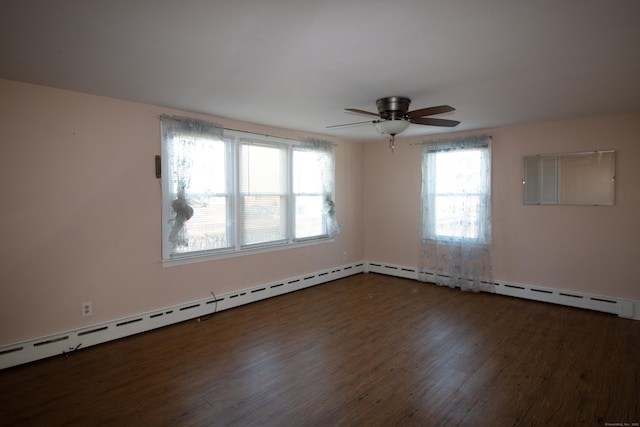 unfurnished room with dark hardwood / wood-style flooring, baseboard heating, and ceiling fan