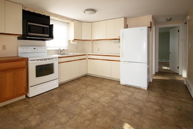 kitchen with baseboard heating, white cabinetry, sink, and white appliances