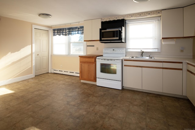 kitchen with white electric range oven, a baseboard radiator, white cabinetry, and sink