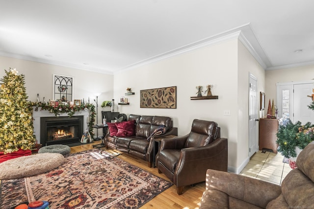 living room with crown molding and light wood-type flooring