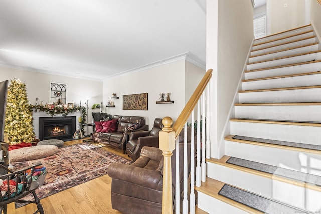 living room featuring wood-type flooring and crown molding