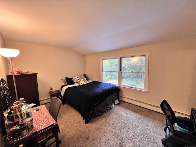 carpeted bedroom with baseboard heating and vaulted ceiling