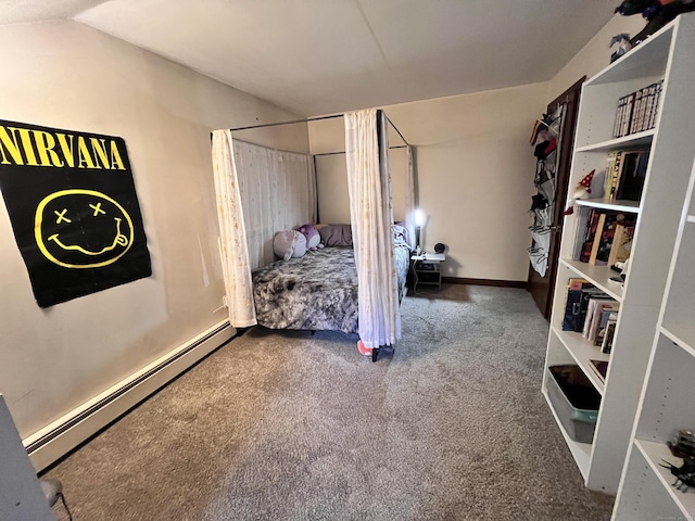 bedroom with baseboard heating, carpet floors, and lofted ceiling