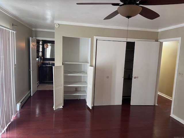 unfurnished bedroom with dark wood-type flooring, ceiling fan, crown molding, and a baseboard radiator