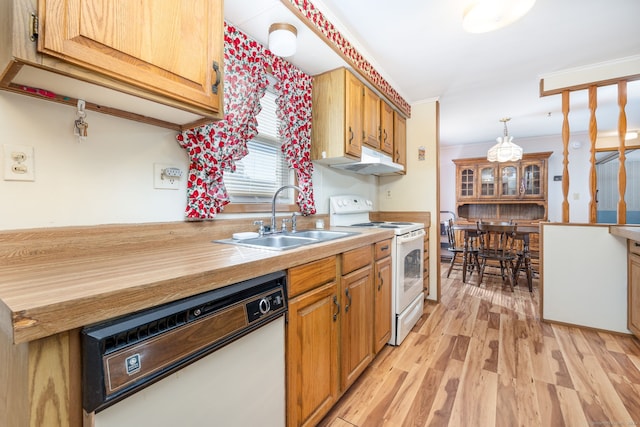 kitchen featuring sink, white appliances, and light hardwood / wood-style floors