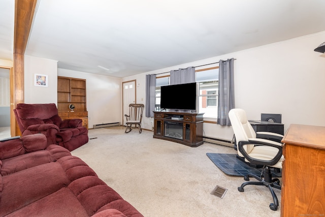 living room with a baseboard radiator, light carpet, and a fireplace