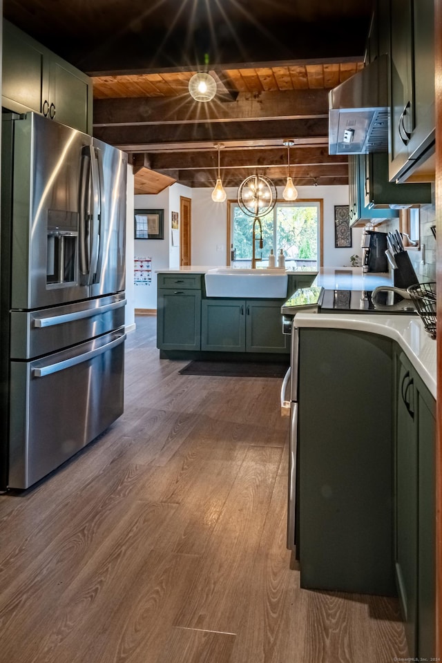 kitchen featuring stainless steel fridge with ice dispenser, wood ceiling, sink, and beamed ceiling