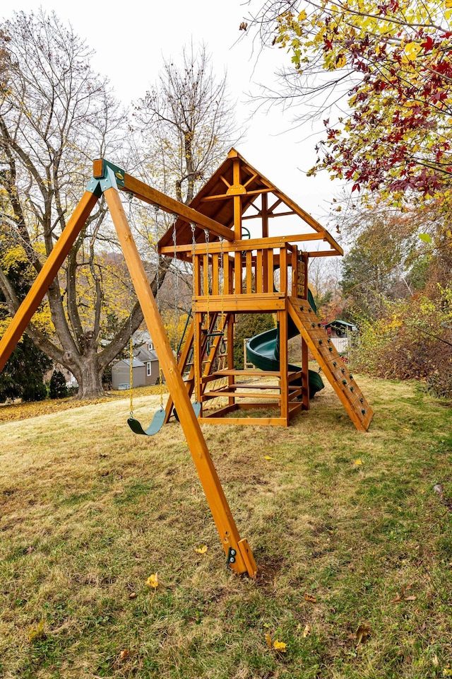 view of jungle gym with a yard