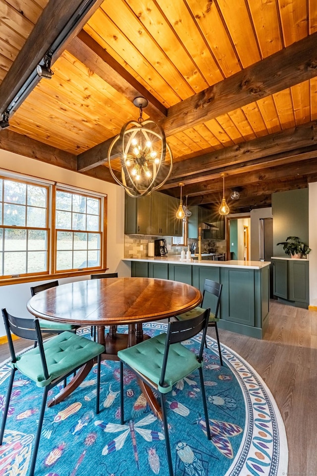 dining space with dark wood-type flooring, wood ceiling, beam ceiling, and a chandelier