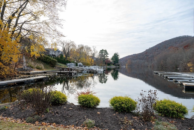 view of water feature with a dock and a mountain view