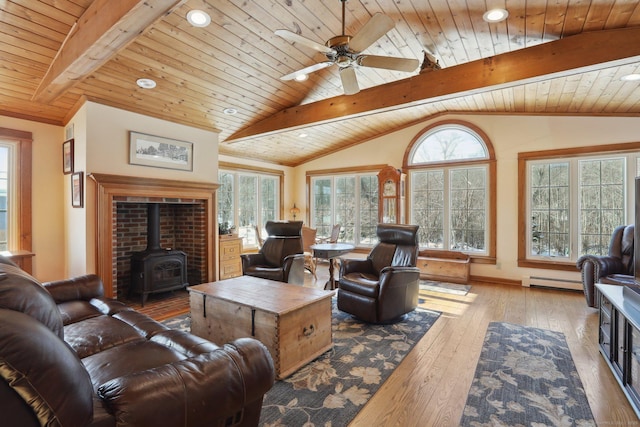 living room featuring vaulted ceiling with beams, a wood stove, hardwood / wood-style flooring, baseboard heating, and wooden ceiling