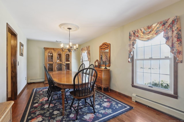 dining space featuring a baseboard radiator, dark hardwood / wood-style flooring, a healthy amount of sunlight, and a chandelier