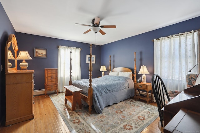 bedroom with ceiling fan and light hardwood / wood-style flooring