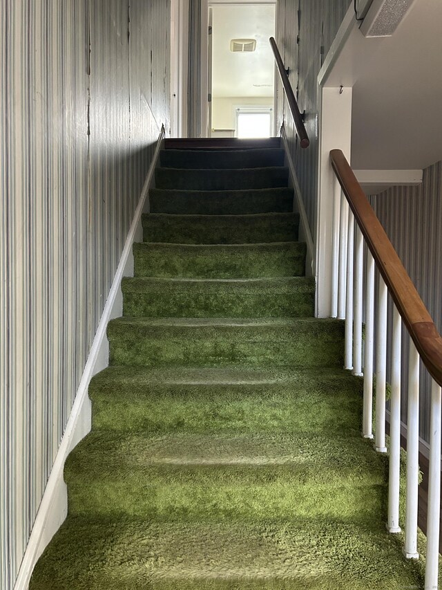 128 Main St S, Bridgewater, CT 06752 - stairway with wallpapered walls and carpet