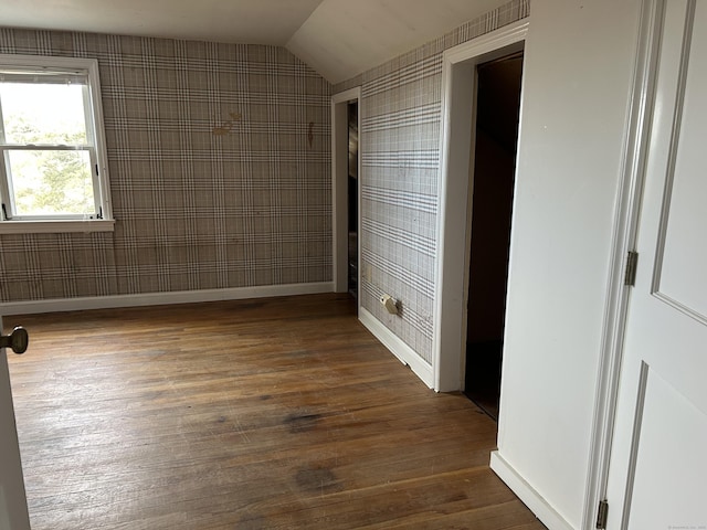 128 Main St S, Bridgewater, CT 06752 - bathroom featuring wallpapered walls, vaulted ceiling, and wood finished floors