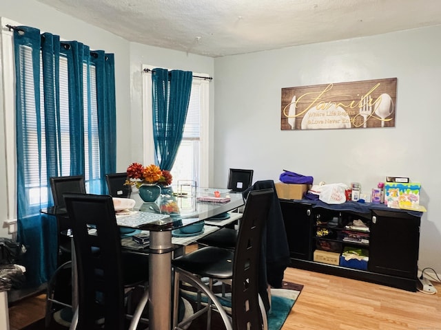 dining room featuring a textured ceiling and hardwood / wood-style flooring