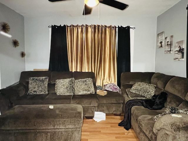 living room with hardwood / wood-style floors and ceiling fan