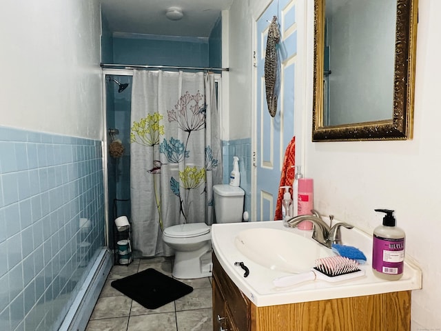 bathroom with vanity, a baseboard heating unit, tile patterned flooring, toilet, and curtained shower